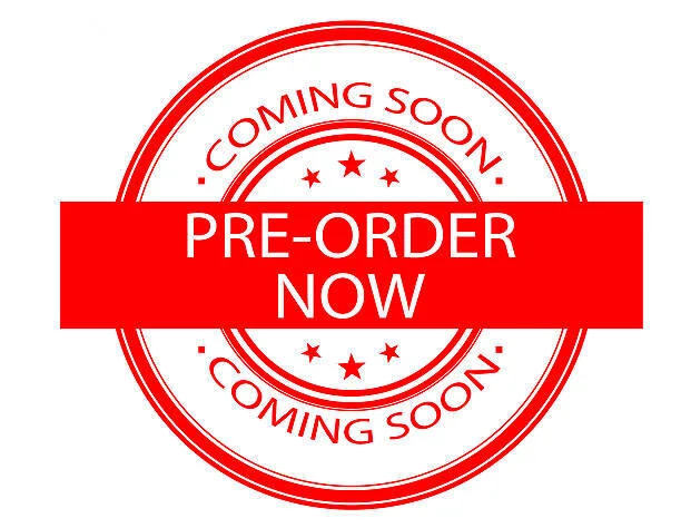 Red colored stamp for coming soon and preorder sign, white background