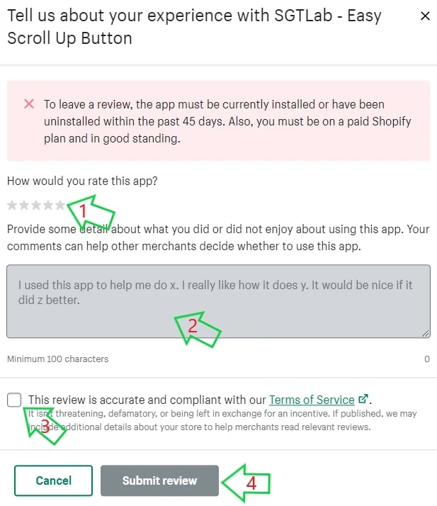 Leave review and submit review
